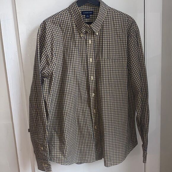 LANDS’ END Tan and Navy Plaid Cotton Shirt- XL - Picture 1 of 6